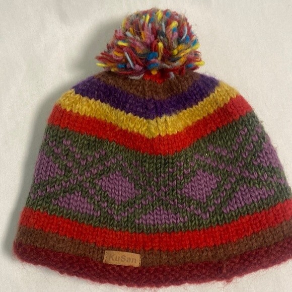 Kusan wool fleece stripe winter snow knit unisex pom ball beanie adult hat gorp - Picture 1 of 8